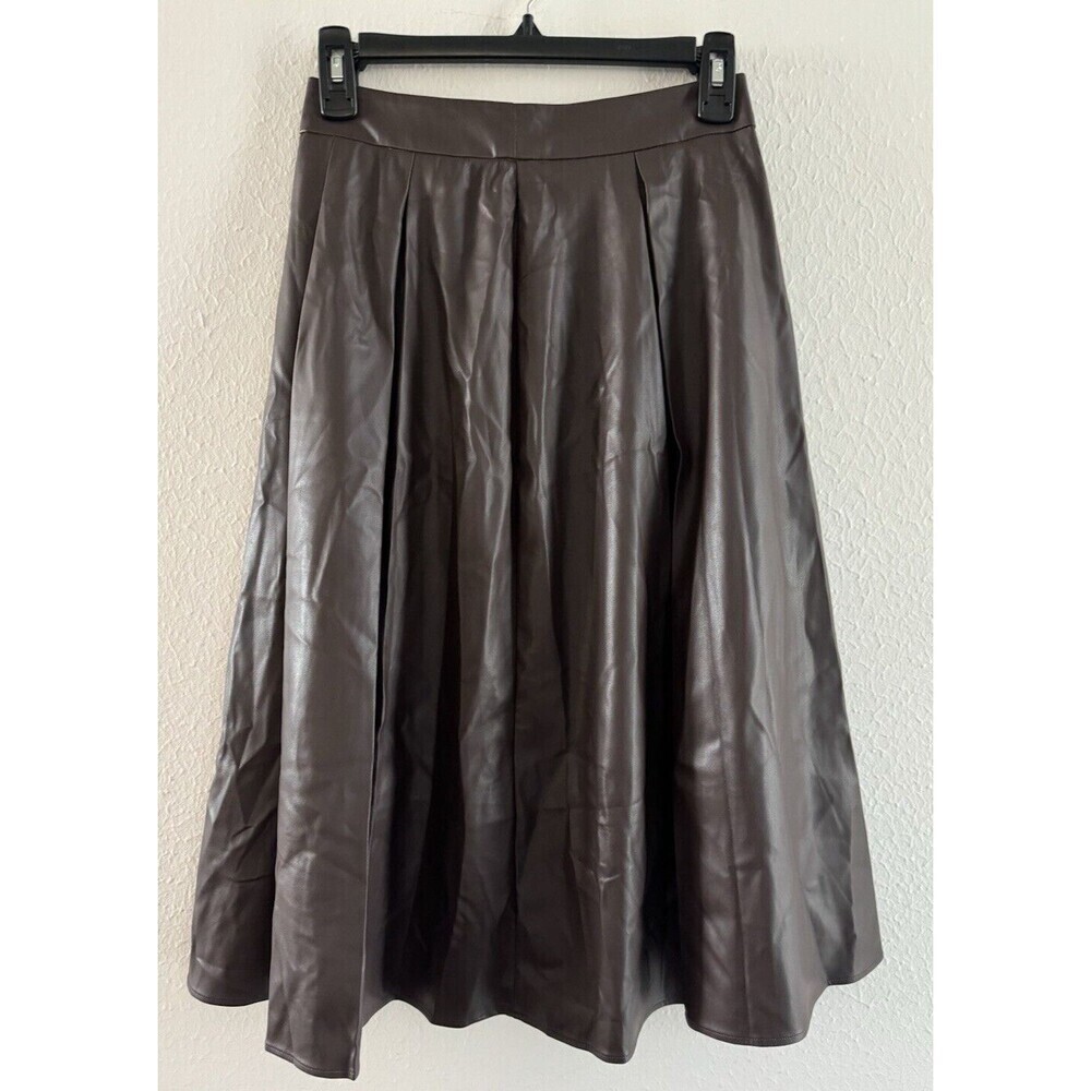 Women's Elegant PU Faux Leather High Rise Flare A-Line Midi Skirt dark brown S